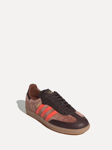 Adidas Samba Sneakers Brown Red Front Angle Close-Up at SIZE Boutique