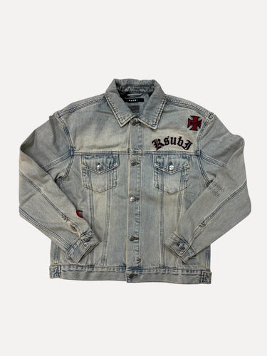 Ksubi Oh G Kross Patch Distressed Denim Trucker Jacket in Light Blue Wash at SIZE Boutique