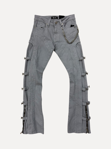 Elite Denim Multi-Buckle Flare Jeans with Chain Detail in Grey at SIZE Boutique