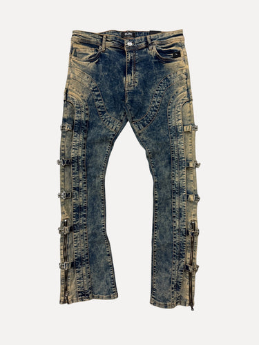 ShopSizeUSA Vintage Wash Strap Detail Flare Jeans Blue at SIZE Boutique