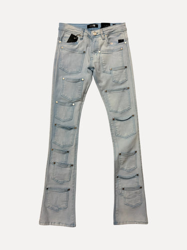 Elite Denim Multi-Buckle Zipper Flare Jeans with Chain in Blue Wash at SIZE Boutique