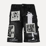 Mixed Emotions Any Means Possible Patchwork Denim Carpenter Shorts in Black at SIZE Boutique