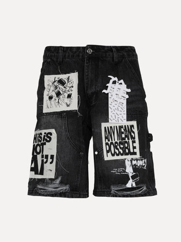 Mixed Emotions Any Means Possible Patchwork Denim Carpenter Shorts in Black at SIZE Boutique