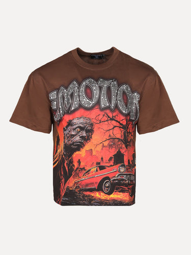 Emotions Never Die Apocalypse Graphic Oversized T-Shirt in Brown at SIZE Boutique