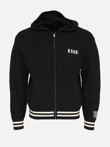 Ksubi Boxer Knit Full-Zip Hooded Cardigan with Striped Trim in Black at SIZE Boutique