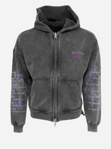 Ksubi Fallen Full-Zip Fleece Hoodie with Purple Embroidery in Aged Charcoal at SIZE Boutique