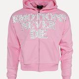 Emotions Never Die Rhinestone Logo Full-Zip Fleece Hoodie in Pink at SIZE Boutique