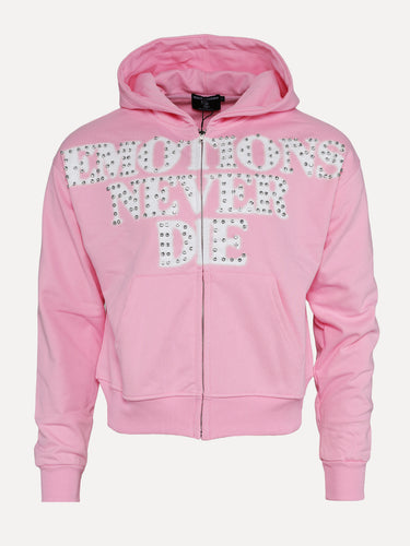 Emotions Never Die Rhinestone Logo Full-Zip Fleece Hoodie in Pink at SIZE Boutique