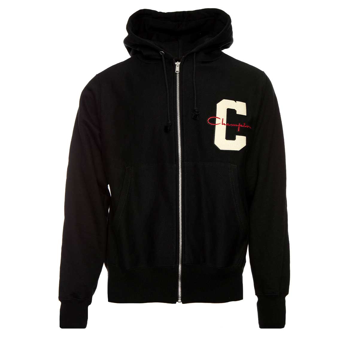 Champion Reverse Weave Zipped Hoodie Varsity Logo Black
