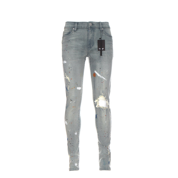 Black Denim Van Gogh Pale Blue Men's Distressed Skinny Jeans