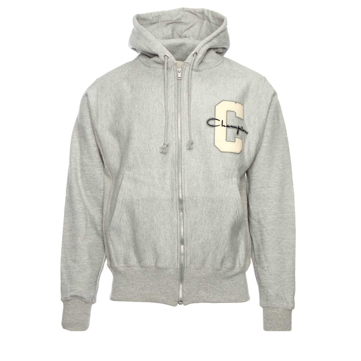 Champion Reverse Weave Zipped Hoodie Varsity Logo Grey