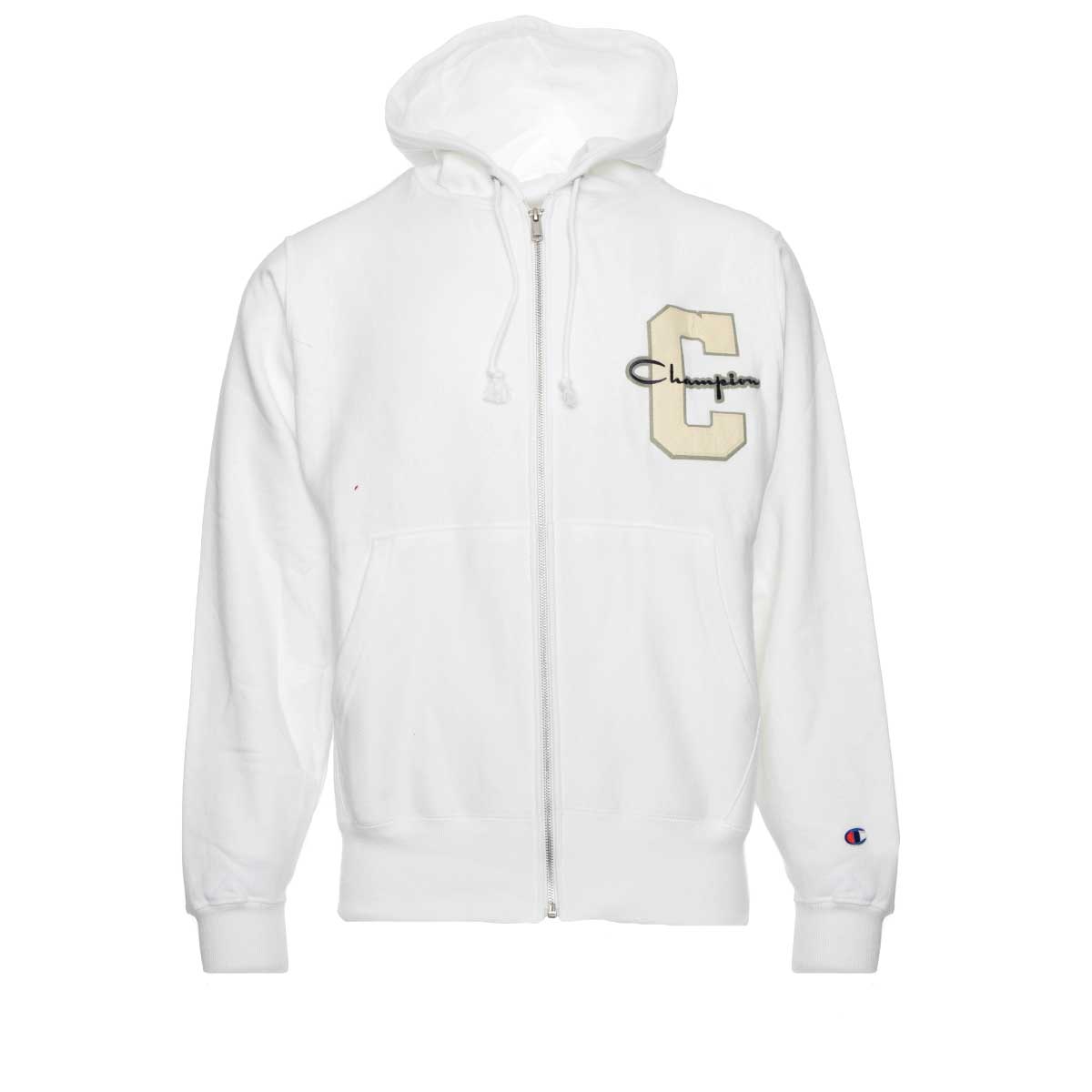 Champion Reverse Weave Zipped Hoodie Varsity Logo White