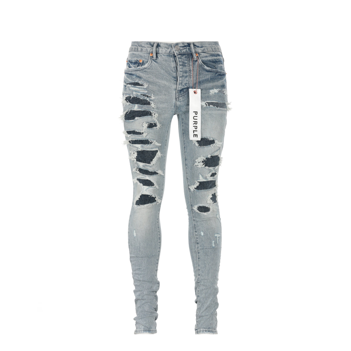 Purple Brand P001 Light Indigo Destroy Repair Men's Designer Jeans