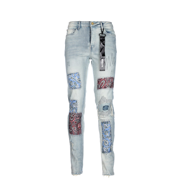 Black Denim Patch Work Men's Skinny Jeans
