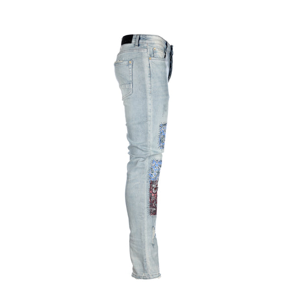 Black Denim Patch Work Men's Skinny Jeans