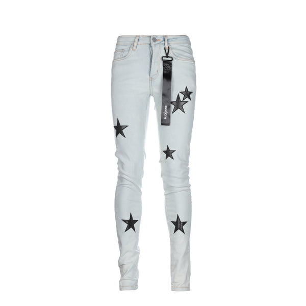 Black Denim Starry Night Men's Skinny Jeans Light Blue