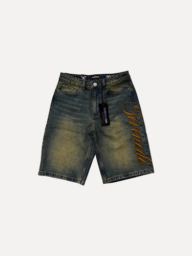 Side Script Dark Denim Shorts