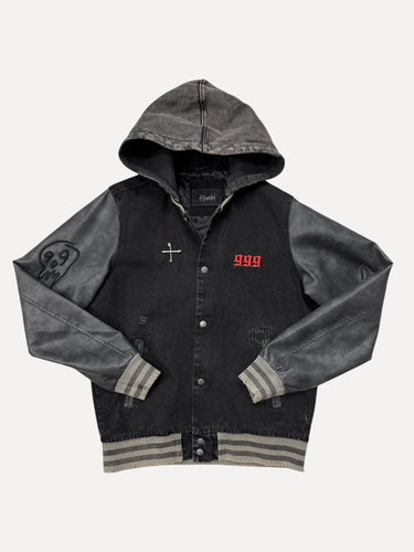 ShopSizeUSA 999 Graphic Hooded Varsity Jacket Black at SIZE Boutique