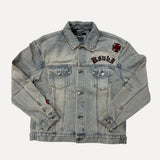 Ksubi Oh G Kross Patch Distressed Denim Trucker Jacket in Light Blue Wash at SIZE Boutique