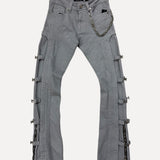 Elite Denim Multi-Buckle Flare Jeans with Chain Detail in Grey at SIZE Boutique