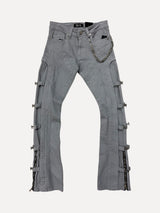 Elite Denim Multi-Buckle Flare Jeans with Chain Detail in Grey at SIZE Boutique