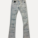 Elite Denim Multi-Buckle Zipper Flare Jeans with Chain in Blue Wash at SIZE Boutique