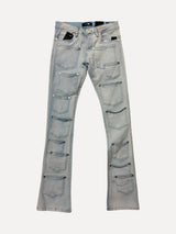 Elite Denim Multi-Buckle Zipper Flare Jeans with Chain in Blue Wash at SIZE Boutique