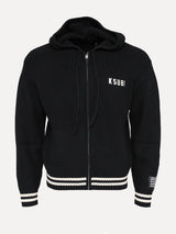 Ksubi Boxer Knit Full-Zip Hooded Cardigan with Striped Trim in Black at SIZE Boutique