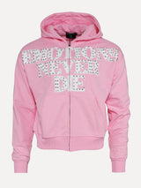 Emotions Never Die Rhinestone Logo Full-Zip Fleece Hoodie in Pink at SIZE Boutique