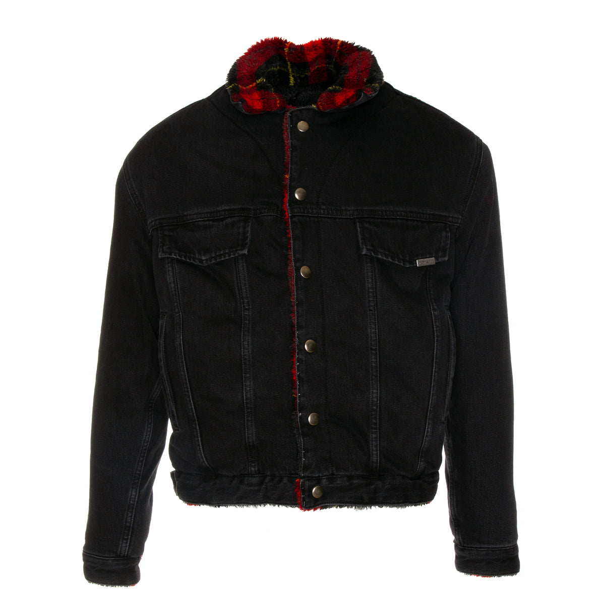 Represent Reversible Sherpa Denim Jacket in Black with Plaid Lining