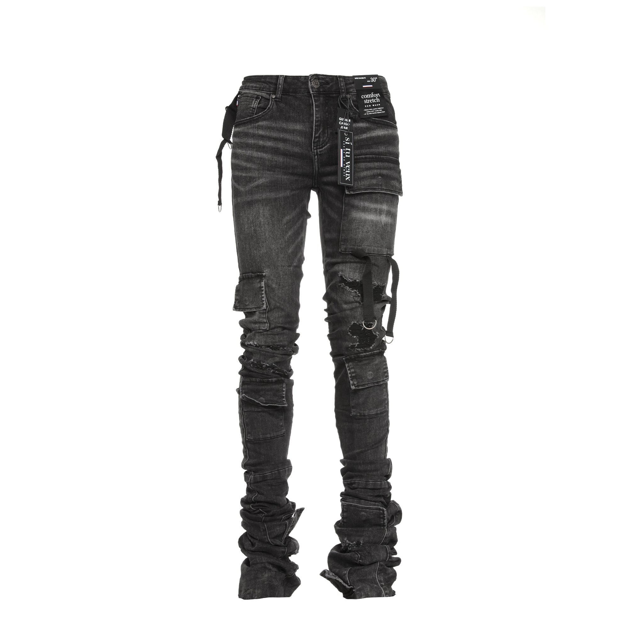 【YOURNUS】Cigar String Cargo Half Denim Denim Cargo Jeans (CARGO-DENIM-GREY-GREEN)