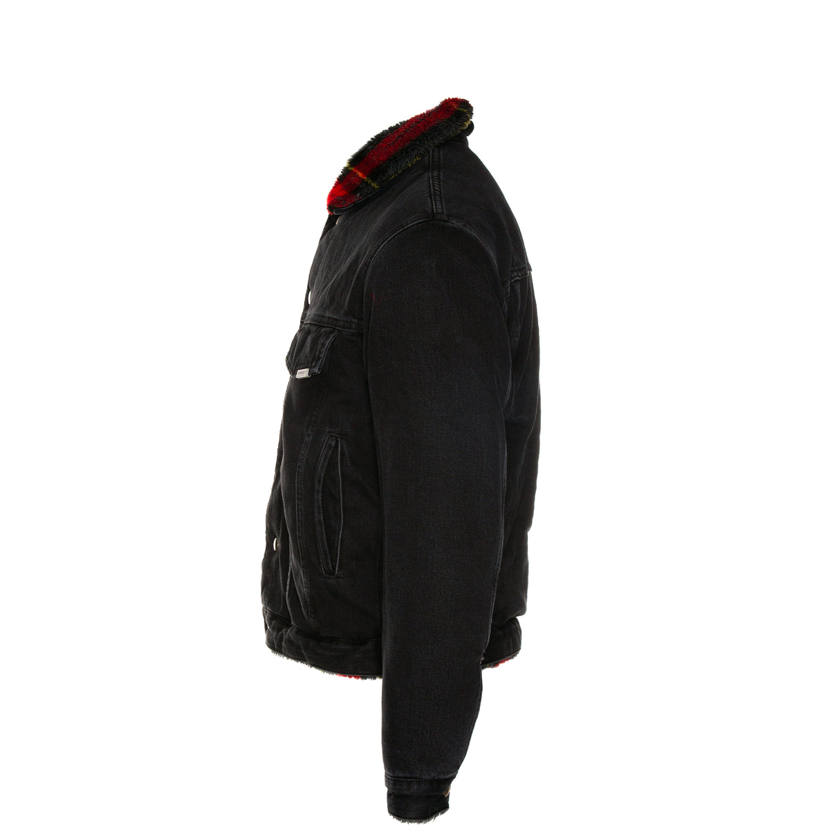 Represent Reversible Sherpa Denim Jacket in Black with Plaid Lining